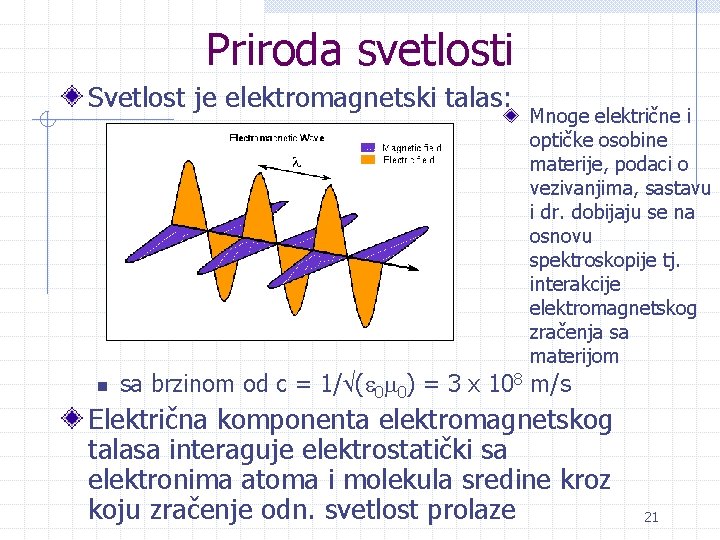 Priroda svetlosti Svetlost je elektromagnetski talas: n Mnoge električne i optičke osobine materije, podaci