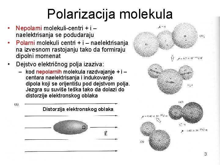 Polarizacija molekula • Nepolarni molekuli-centri + i – naelektrisanja se podudaraju • Polarni molekuli