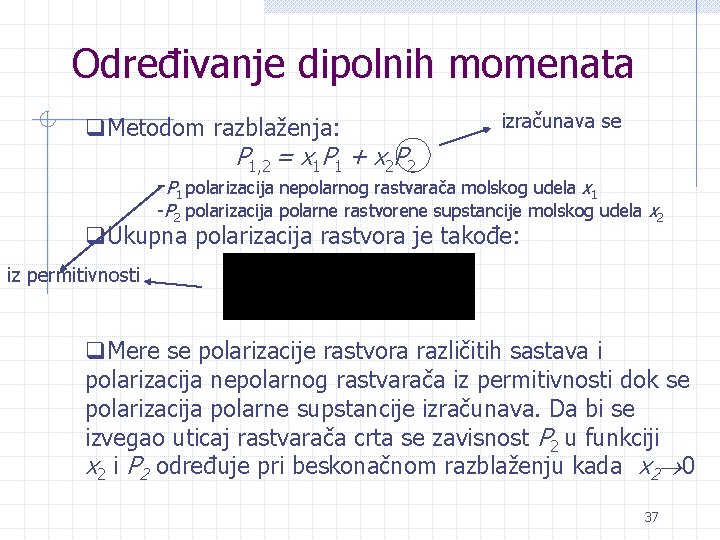 Određivanje dipolnih momenata izračunava se q. Metodom razblaženja: P 1, 2 = x 1