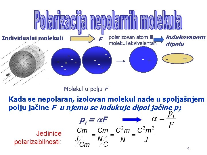 Individualni molekuli - - polarizovan atom ili molekul ekvivalentan F - -- - -