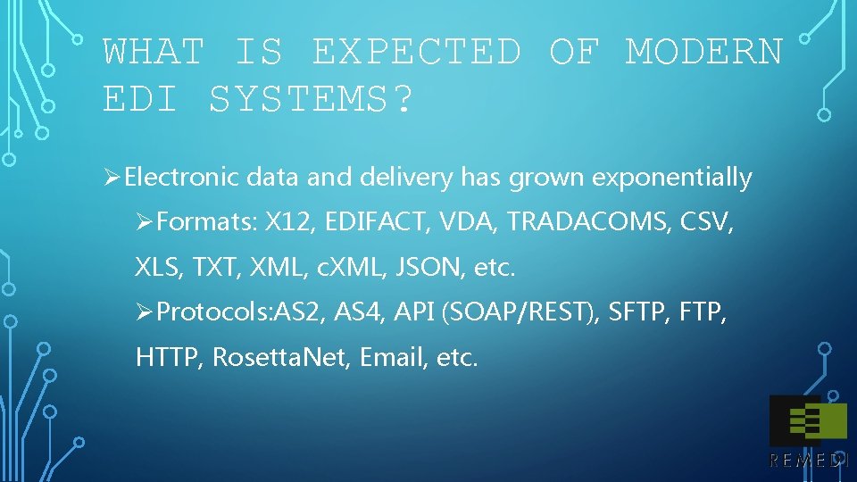 WHAT IS EXPECTED OF MODERN EDI SYSTEMS? ØElectronic data and delivery has grown exponentially