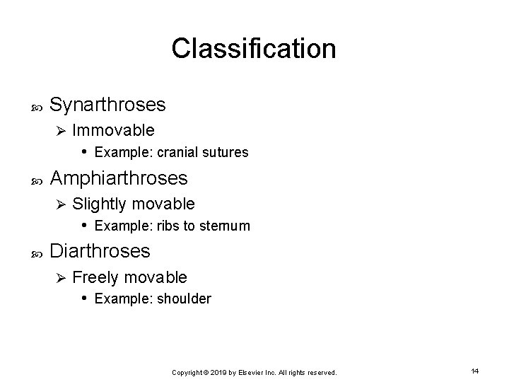 Classification Synarthroses Ø Amphiarthroses Ø Immovable • Example: cranial sutures Slightly movable • Example: