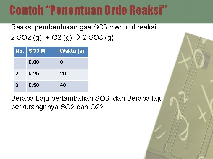 Contoh “Penentuan Orde Reaksi” Reaksi pembentukan gas SO 3 menurut reaksi : 2 SO