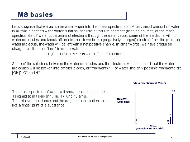 MS basics Let's suppose that we put some water vapor into the mass spectrometer.