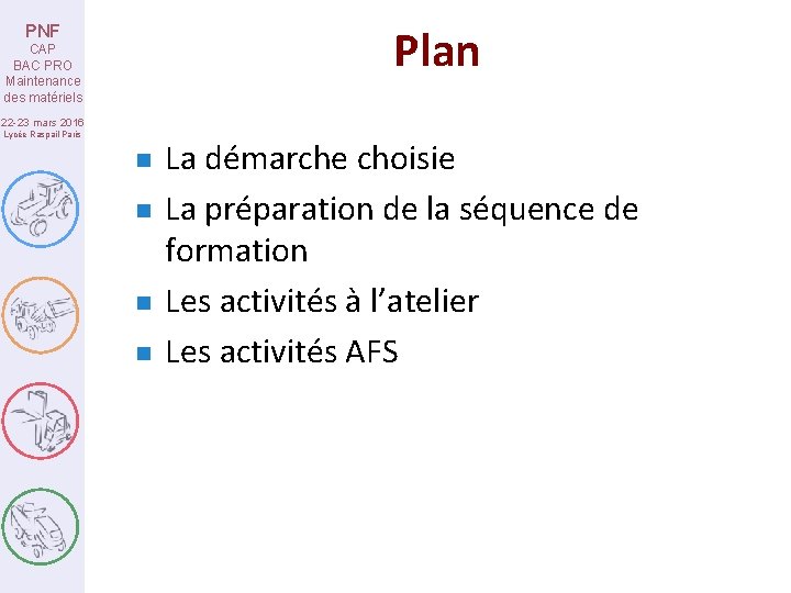 Plan PNF CAP BAC PRO Maintenance des matériels 22 -23 mars 2016 Lycée Raspail