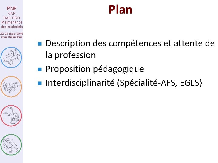 Plan PNF CAP BAC PRO Maintenance des matériels 22 -23 mars 2016 Lycée Raspail