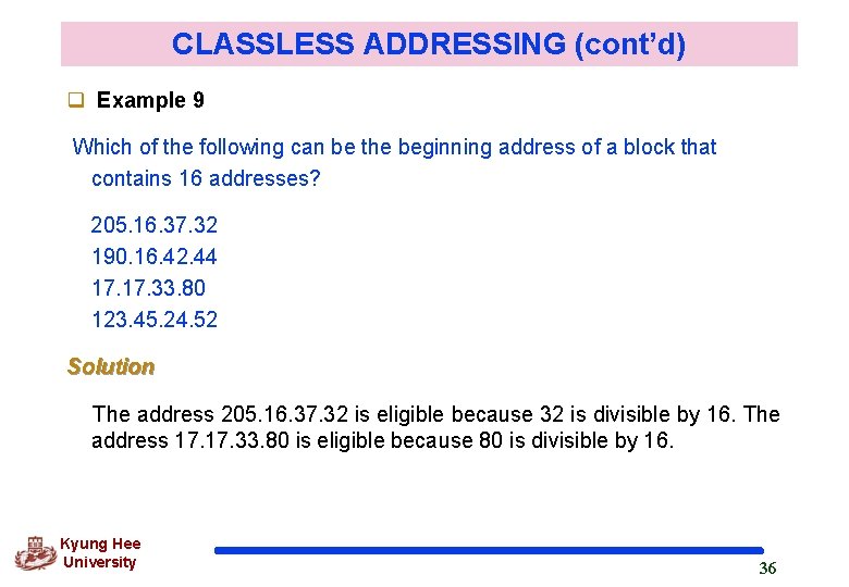 CLASSLESS ADDRESSING (cont’d) q Example 9 Which of the following can be the beginning