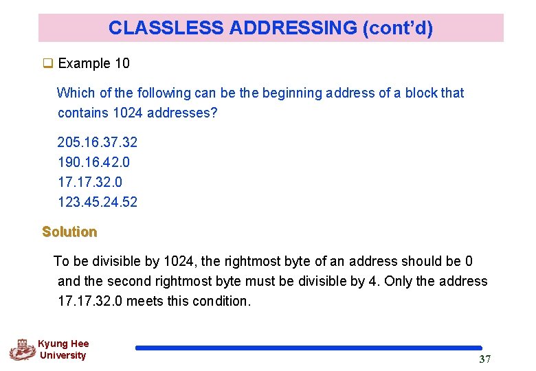 CLASSLESS ADDRESSING (cont’d) q Example 10 Which of the following can be the beginning