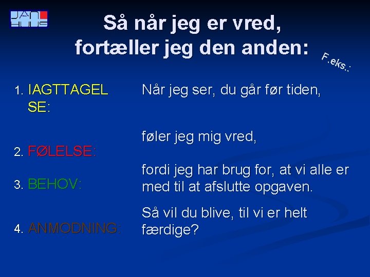 Så når jeg er vred, fortæller jeg den anden: 1. 2. 3. 4. IAGTTAGEL