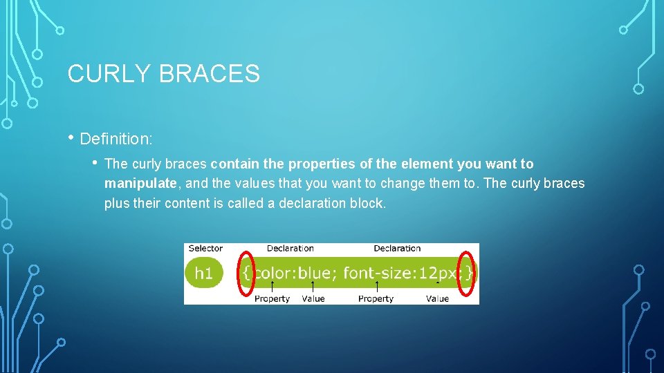 CURLY BRACES • Definition: • The curly braces contain the properties of the element