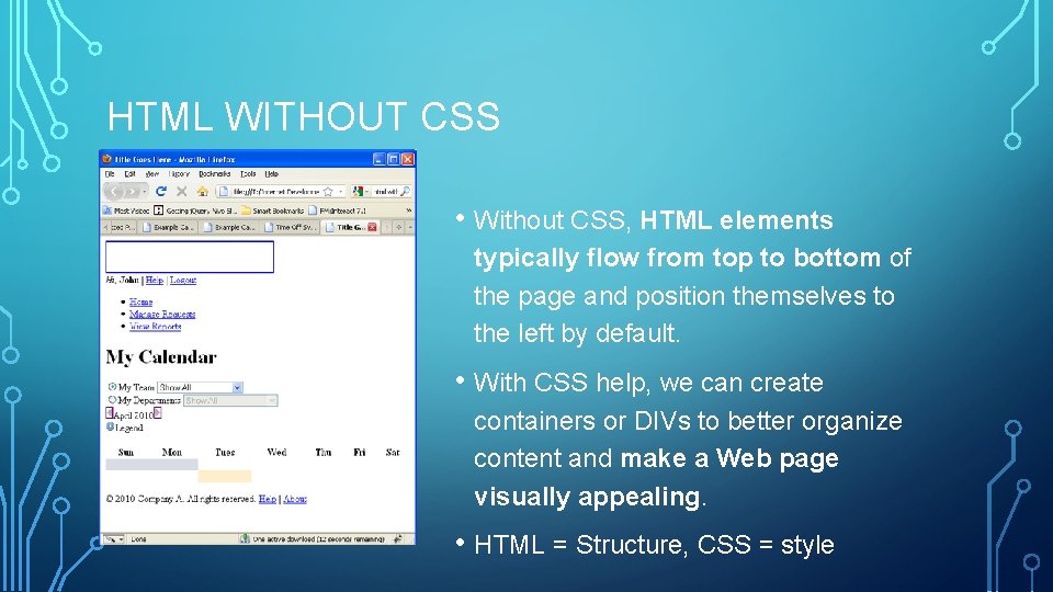HTML WITHOUT CSS • Without CSS, HTML elements typically flow from top to bottom