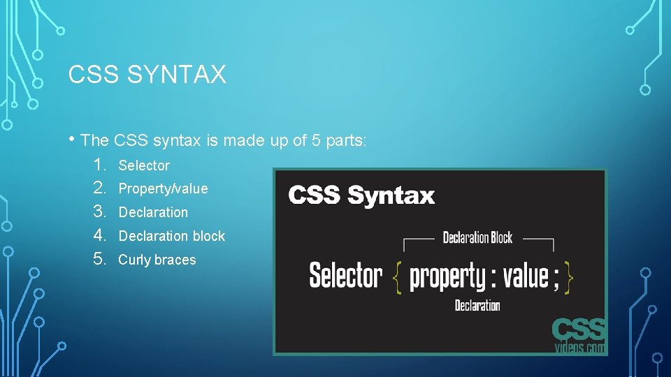CSS SYNTAX • The CSS syntax is made up of 5 parts: 1. 2.