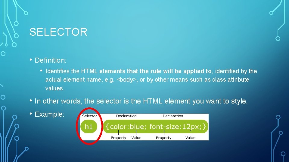 SELECTOR • Definition: • Identifies the HTML elements that the rule will be applied