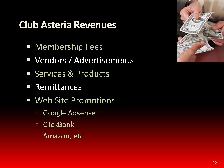 Club Asteria Revenues Membership Fees Vendors / Advertisements Services & Products Remittances Web Site