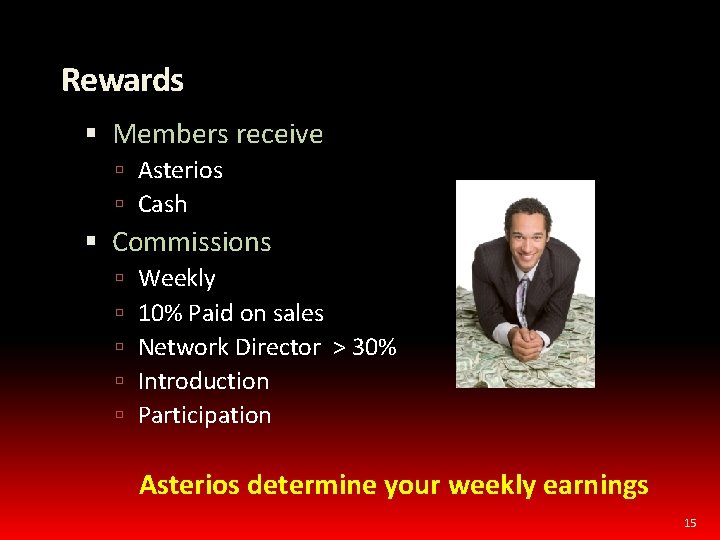 Rewards Members receive Asterios Cash Commissions Weekly 10% Paid on sales Network Director >