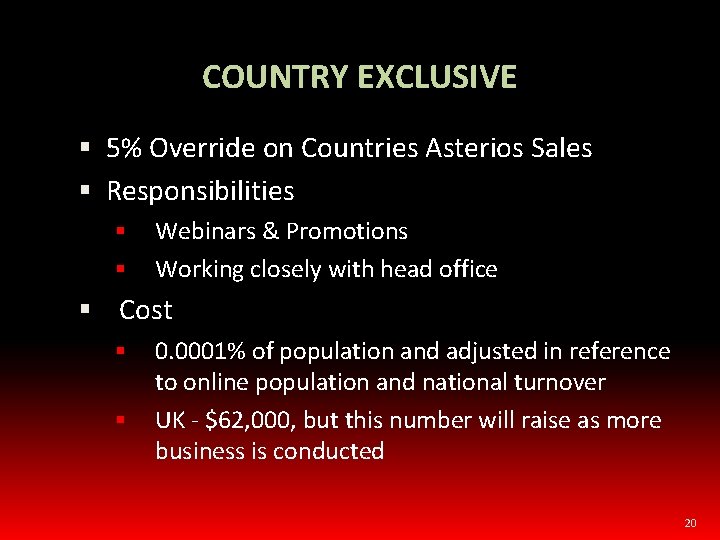 COUNTRY EXCLUSIVE 5% Override on Countries Asterios Sales Responsibilities Webinars & Promotions Working closely