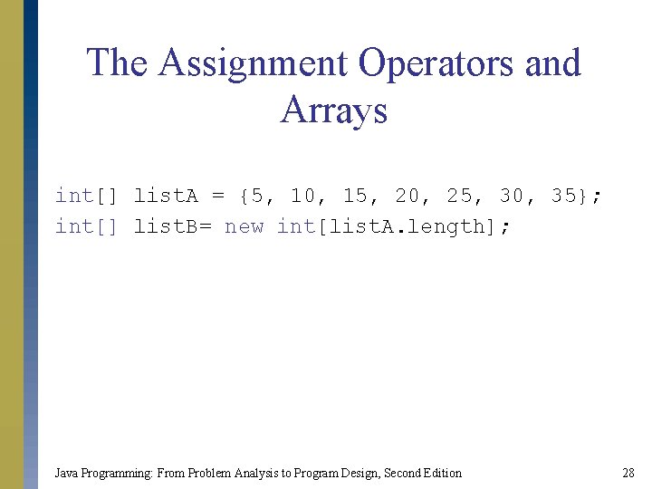 The Assignment Operators and Arrays int[] list. A = {5, 10, 15, 20, 25,