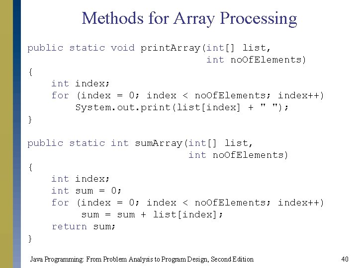 Methods for Array Processing public static void print. Array(int[] list, int no. Of. Elements)