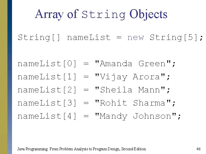 Array of String Objects String[] name. List = new String[5]; name. List[0] name. List[1]