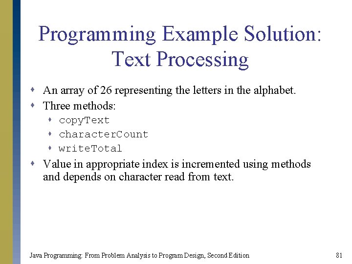 Programming Example Solution: Text Processing s An array of 26 representing the letters in