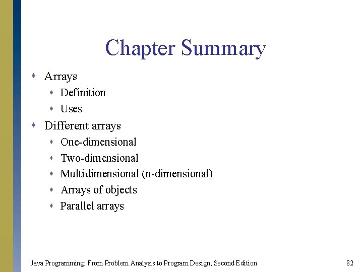 Chapter Summary s Arrays s Definition s Uses s Different arrays s s One-dimensional