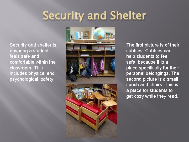 Security and Shelter Security and shelter is ensuring a student feels safe and comfortable