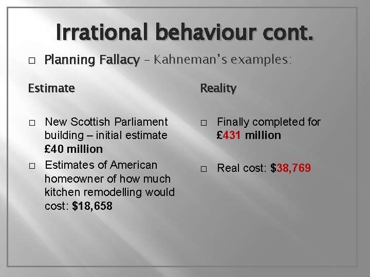 Irrational behaviour cont. � Planning Fallacy – Kahneman’s examples: Estimate � � New Scottish