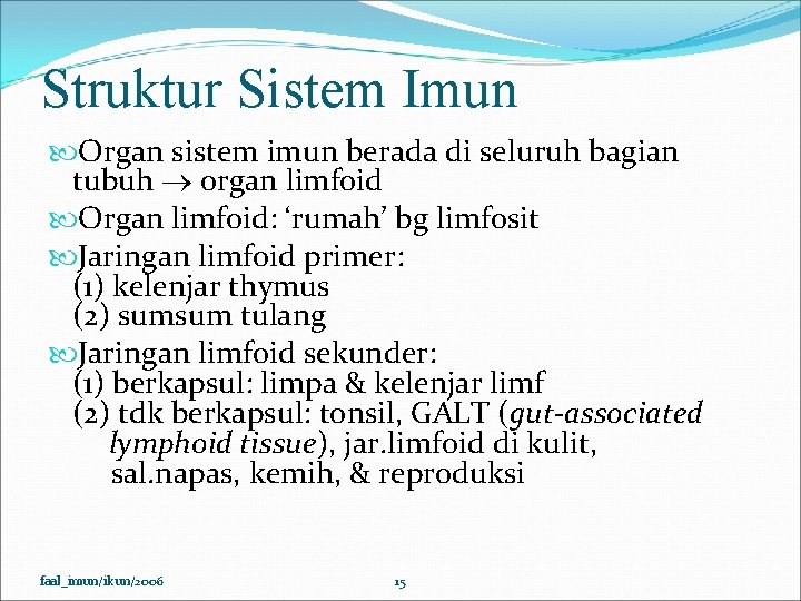 Struktur Sistem Imun Organ sistem imun berada di seluruh bagian tubuh organ limfoid Organ