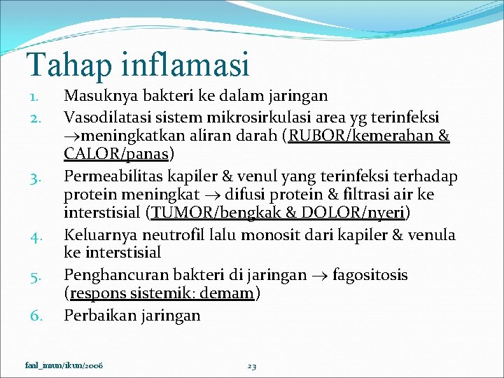 Tahap inflamasi 1. 2. 3. 4. 5. 6. Masuknya bakteri ke dalam jaringan Vasodilatasi