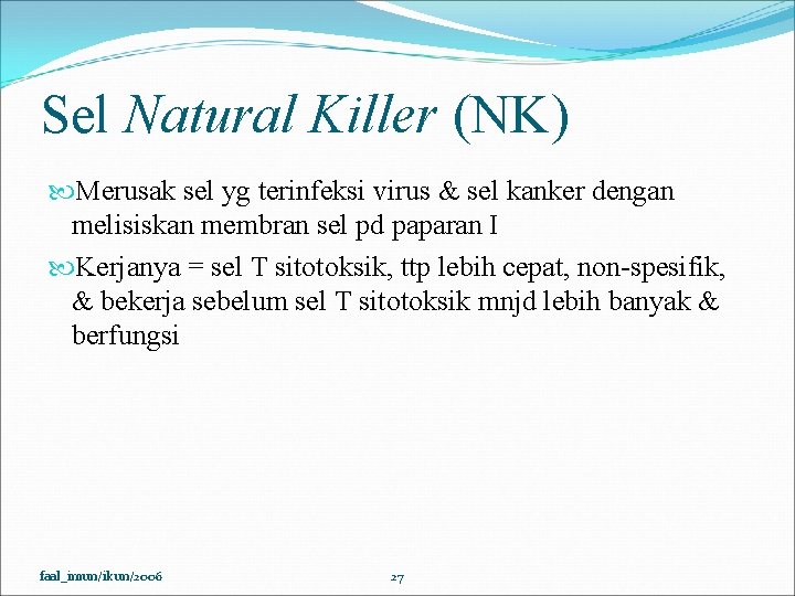 Sel Natural Killer (NK) Merusak sel yg terinfeksi virus & sel kanker dengan melisiskan