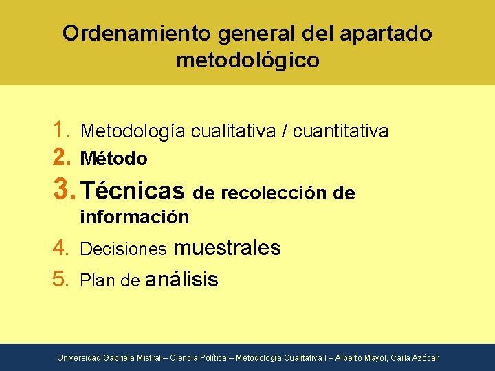 Ordenamiento general del apartado metodológico 1. Metodología cualitativa / cuantitativa 2. Método 3. Técnicas