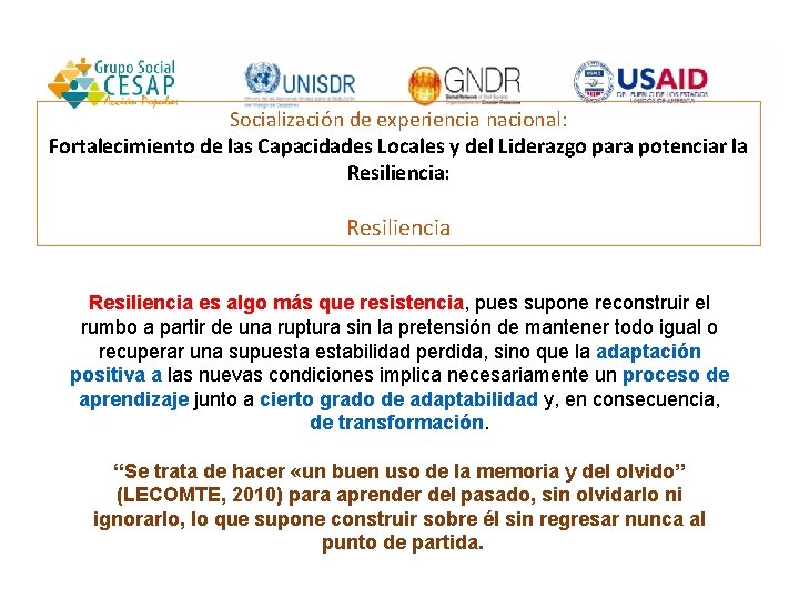 Socialización de experiencia nacional: Fortalecimiento de las Capacidades Locales y del Liderazgo para potenciar