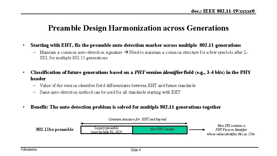 doc. : IEEE 802. 11 -19/xxxxr 0 Preamble Design Harmonization across Generations • Starting