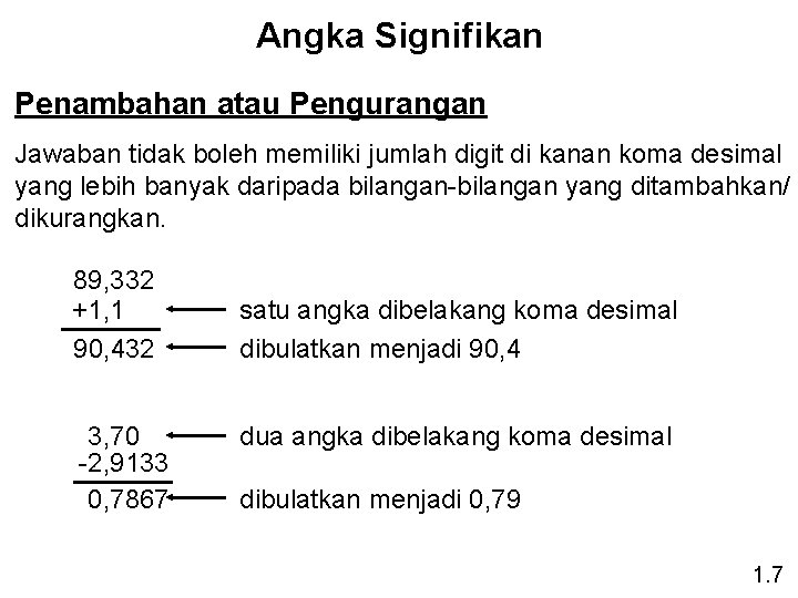 Angka Signifikan Penambahan atau Pengurangan Jawaban tidak boleh memiliki jumlah digit di kanan koma