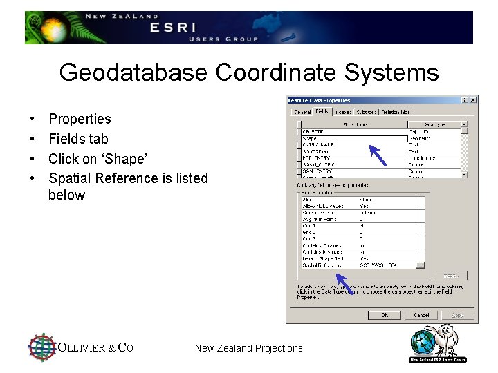 Geodatabase Coordinate Systems • • Properties Fields tab Click on ‘Shape’ Spatial Reference is