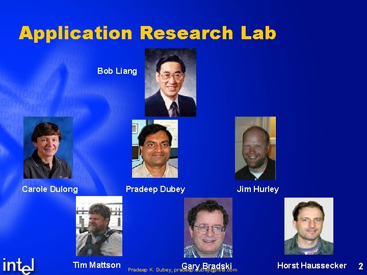 Application Research Lab Bob Liang Carole Dulong Tim Mattson Pradeep Dubey Gary Bradski Jim