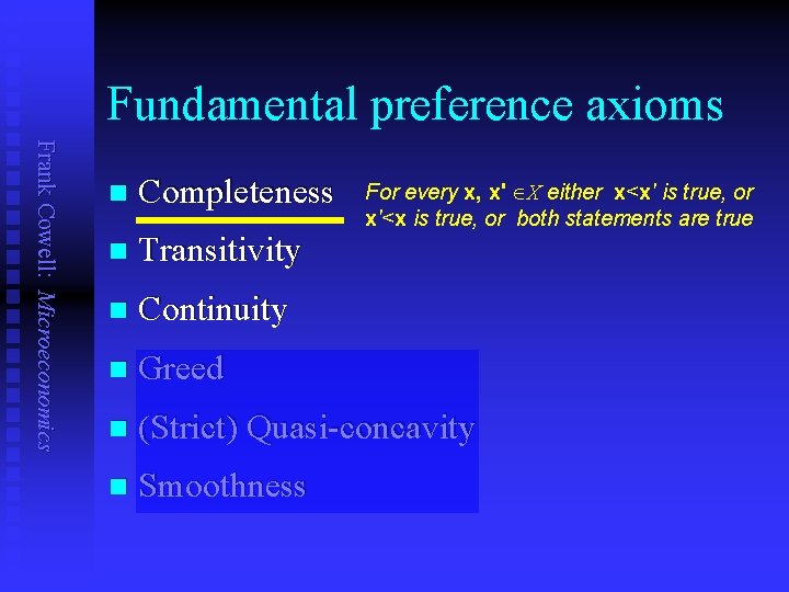 Fundamental preference axioms Frank Cowell: Microeconomics n Completeness n Transitivity n Continuity n Greed Fundamental preference axioms Frank Cowell: Microeconomics n Completeness n Transitivity n Continuity n Greed