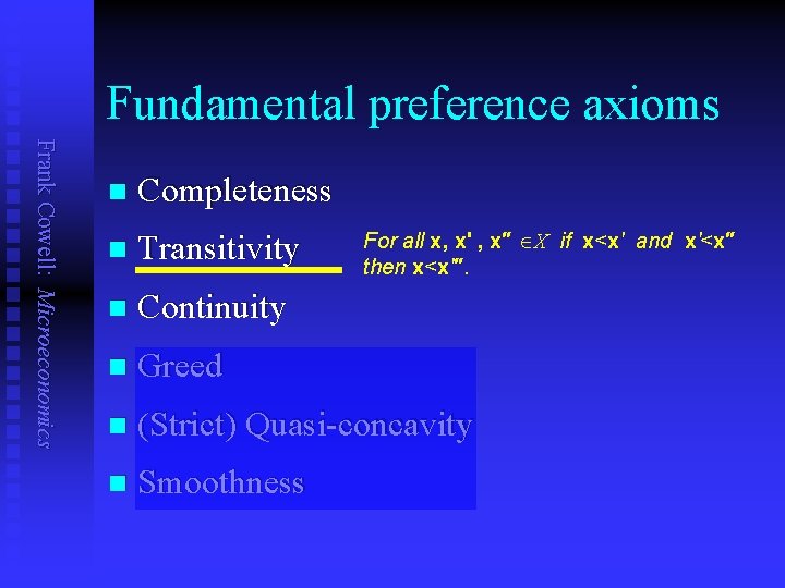 Fundamental preference axioms Frank Cowell: Microeconomics n Completeness n Transitivity n Continuity n Greed