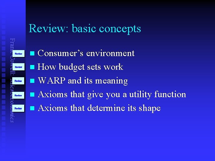 Review: basic concepts Frank Cowell: Microeconomics Review Review Consumer’s environment n How budget sets