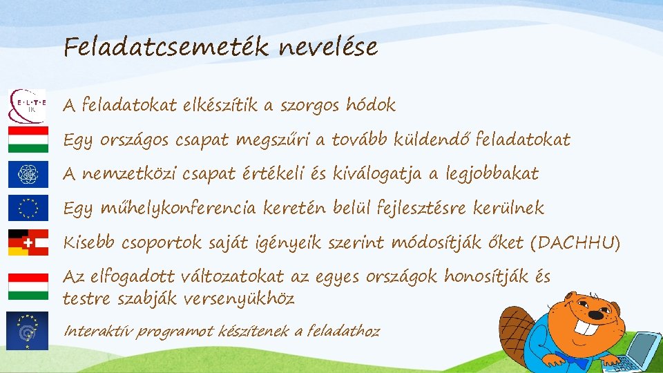 Feladatcsemeték nevelése A feladatokat elkészítik a szorgos hódok Egy országos csapat megszűri a tovább