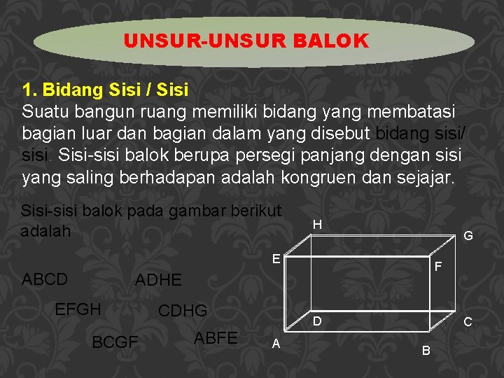 UNSUR-UNSUR BALOK 1. Bidang Sisi / Sisi Suatu bangun ruang memiliki bidang yang membatasi