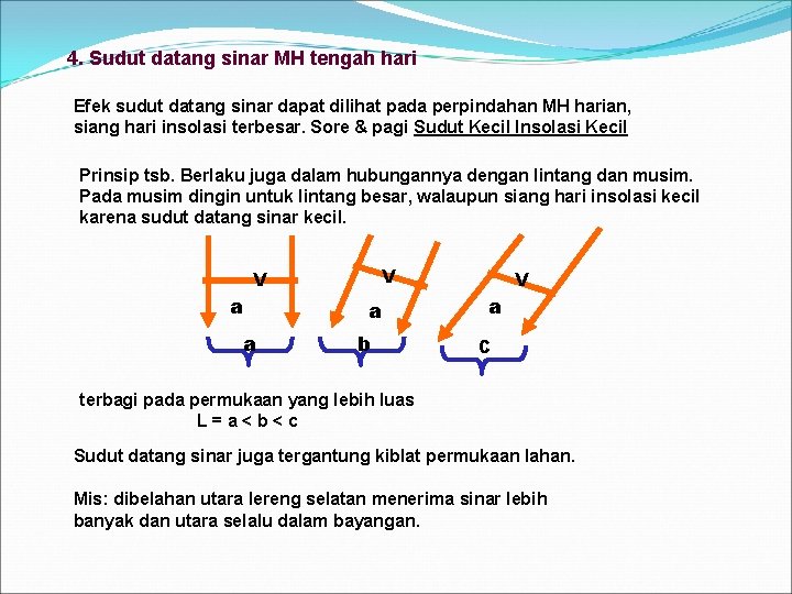 4. Sudut datang sinar MH tengah hari Efek sudut datang sinar dapat dilihat pada