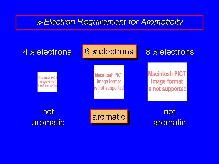 p-Electron Requirement for Aromaticity 4 p electrons not aromatic 6 p electrons 8 p