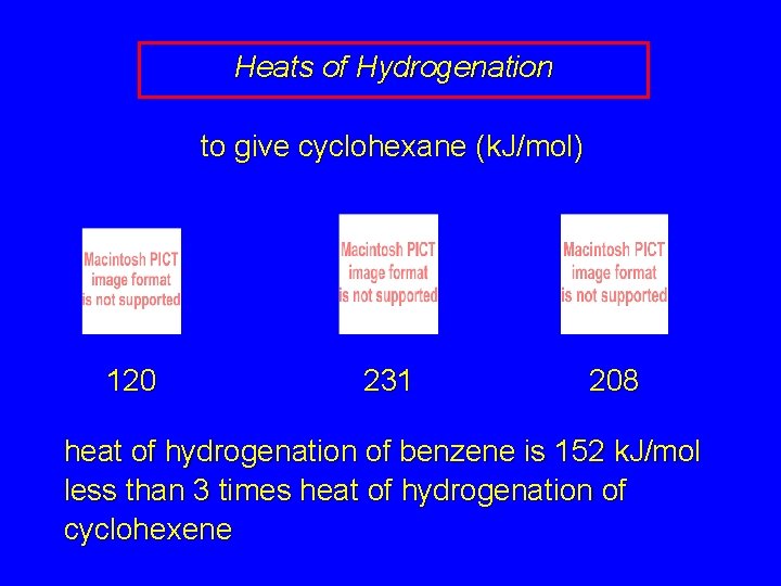 Heats of Hydrogenation to give cyclohexane (k. J/mol) 120 231 208 heat of hydrogenation