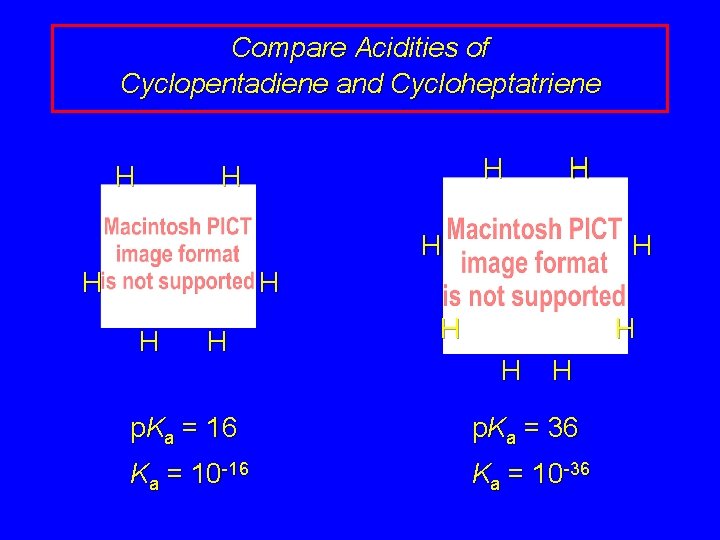 Compare Acidities of Cyclopentadiene and Cycloheptatriene H H H H p. Ka = 16