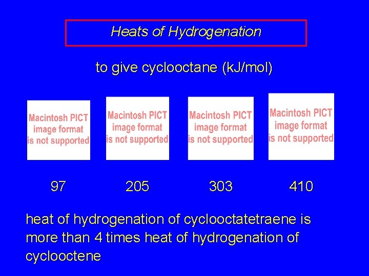 Heats of Hydrogenation to give cyclooctane (k. J/mol) 97 205 303 410 heat of