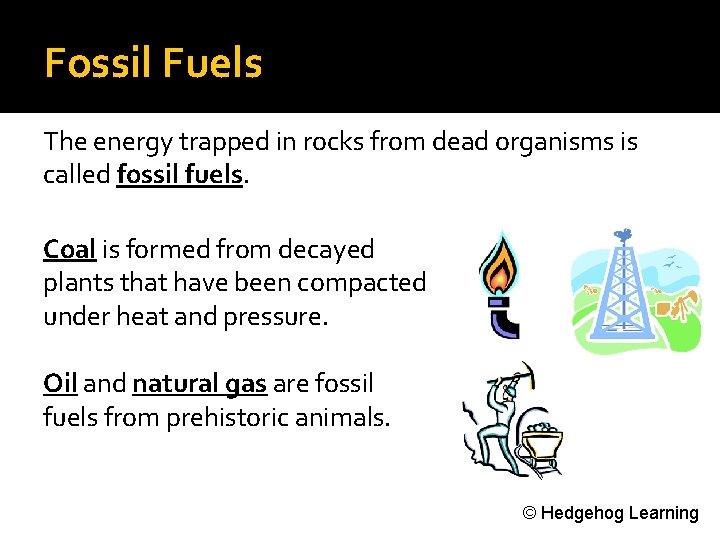 Fossil Fuels The energy trapped in rocks from dead organisms is called fossil fuels.