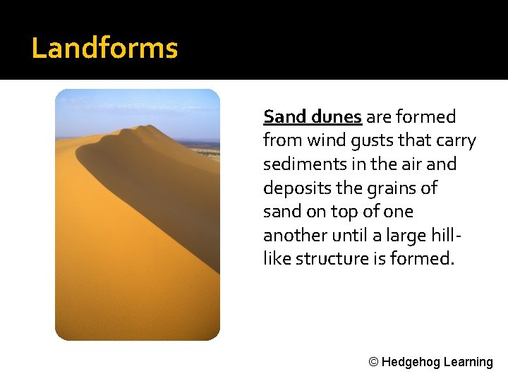 Landforms Sand dunes are formed from wind gusts that carry sediments in the air