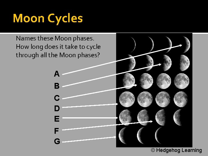 Moon Cycles Names these Moon phases. How long does it take to cycle through