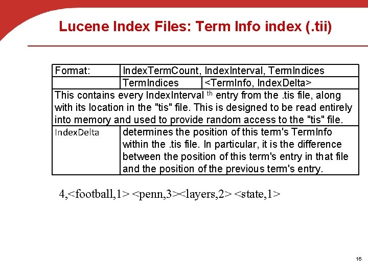 Lucene Index Files: Term Info index (. tii) Format: Index. Term. Count, Index. Interval,